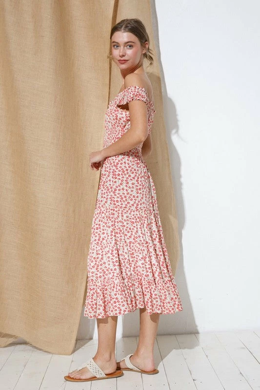 In The Beginning Clothing The Reddington Red Floral Midi Dress Dresses