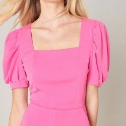SugarLips The Nikki Neon Pink Puff Sleeve Romper Rompers