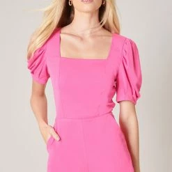 SugarLips The Nikki Neon Pink Puff Sleeve Romper Rompers