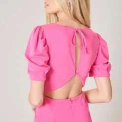 SugarLips The Nikki Neon Pink Puff Sleeve Romper Rompers