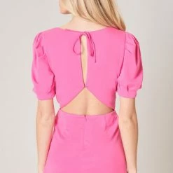 SugarLips The Nikki Neon Pink Puff Sleeve Romper Rompers