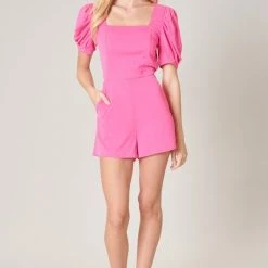SugarLips The Nikki Neon Pink Puff Sleeve Romper Rompers