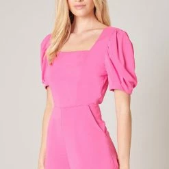 SugarLips The Nikki Neon Pink Puff Sleeve Romper Rompers