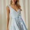 Endless Blu The Shasta Blue Linen Ruffled Romper Rompers