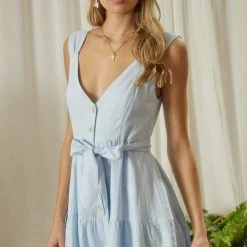 Endless Blu The Shasta Blue Linen Ruffled Romper Rompers