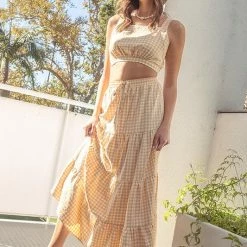 Illa Illa The La Jolla Apricot Gingham Top And Tiered Midi Skirt Set