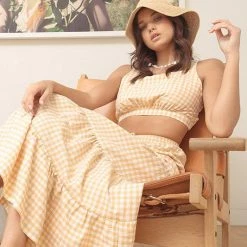 Illa Illa The La Jolla Apricot Gingham Top And Tiered Midi Skirt Set