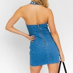 Le Lis Dresses The Dipsy Denim Halter Mini Dress