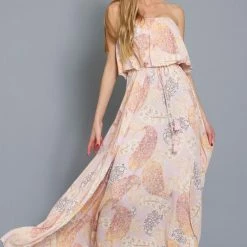 Aakaa The Stinson Pink Paisley Print Strapless Maxi Dress Dresses