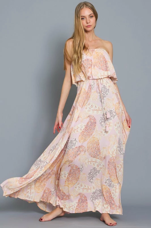 Aakaa The Stinson Pink Paisley Print Strapless Maxi Dress Dresses