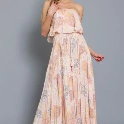 Aakaa The Stinson Pink Paisley Print Strapless Maxi Dress Dresses