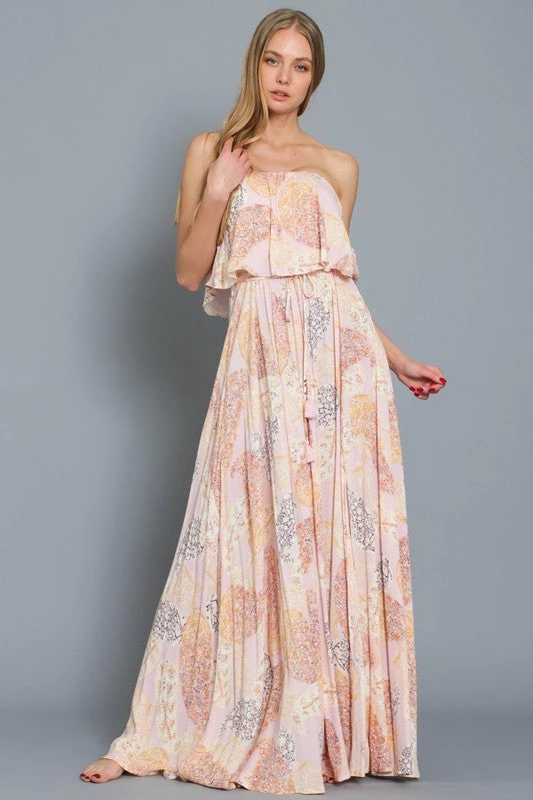 Aakaa The Stinson Pink Paisley Print Strapless Maxi Dress Dresses