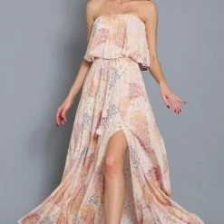 Aakaa The Stinson Pink Paisley Print Strapless Maxi Dress Dresses