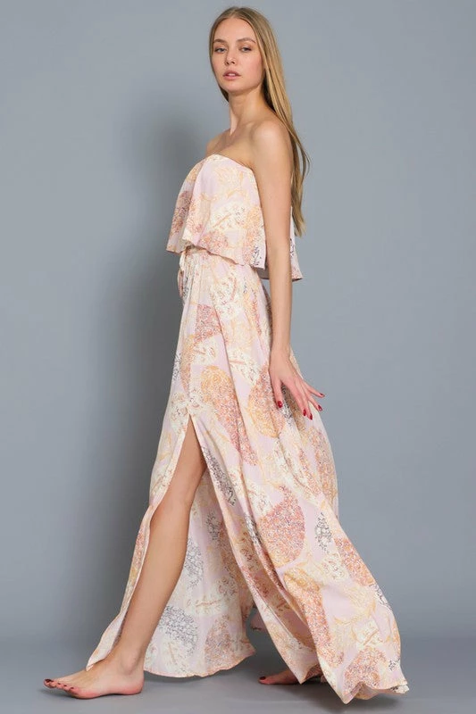 Aakaa The Stinson Pink Paisley Print Strapless Maxi Dress Dresses