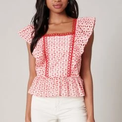 SugarLips The Sayulita Red & White Eyelet Perplum Top