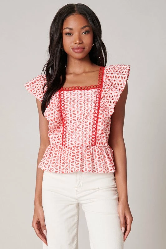 SugarLips The Sayulita Red & White Eyelet Perplum Top