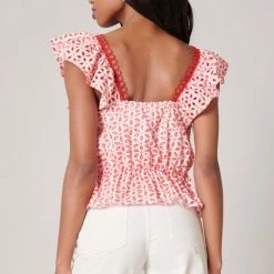 SugarLips The Sayulita Red & White Eyelet Perplum Top
