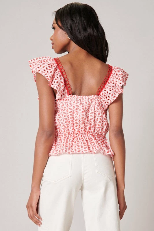 SugarLips The Sayulita Red & White Eyelet Perplum Top