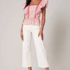 SugarLips The Sayulita Red & White Eyelet Perplum Top