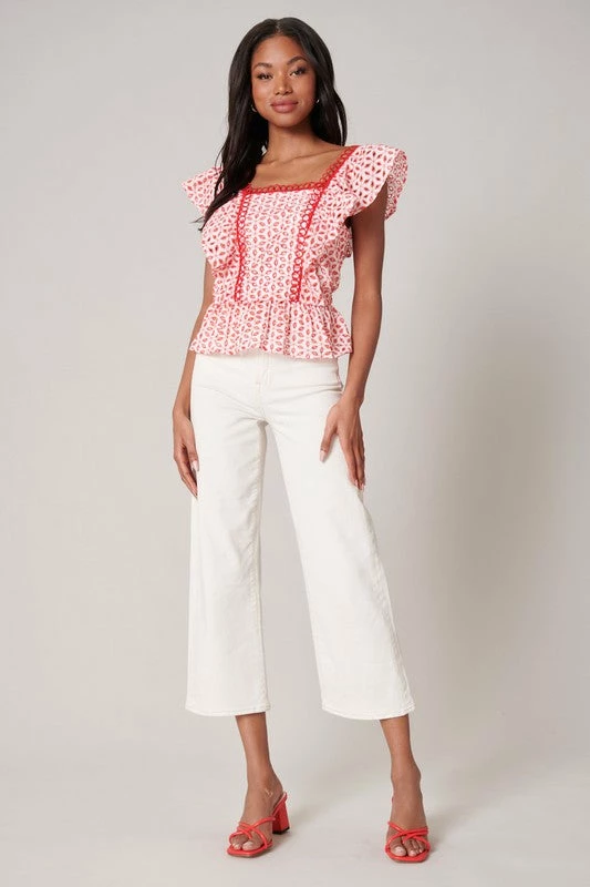 SugarLips The Sayulita Red & White Eyelet Perplum Top