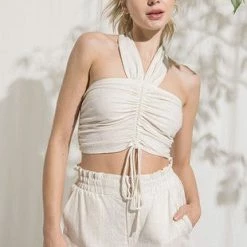 Illa Illa The Sausalito Natural Striped Linen Halter Top And Shorts Set
