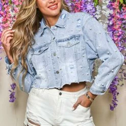 Peach Love California Tops The Priscilla Pearl Light Wash Cropped Denim Jacket