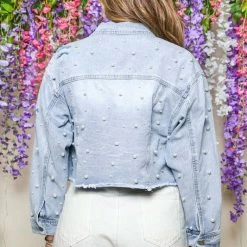Peach Love California Tops The Priscilla Pearl Light Wash Cropped Denim Jacket