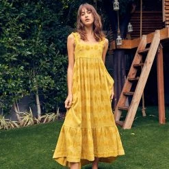 MIOU MUSE The Molly Mustard Texture Printed Maxi Dress Dresses