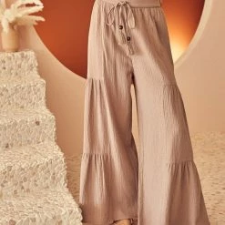 MIOU MUSE The Miranda Oak Brown Gauze Wide Leg Tiered Pants