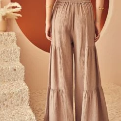 MIOU MUSE The Miranda Oak Brown Gauze Wide Leg Tiered Pants