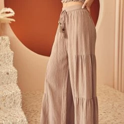 MIOU MUSE The Miranda Oak Brown Gauze Wide Leg Tiered Pants