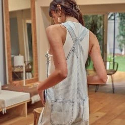 MIOU MUSE The Molly Washed Blue Striped Overall Shorts