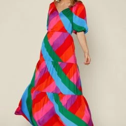 Skies Are Blue The Days Are Short Colorful Puff Sleeve Maxi Dress