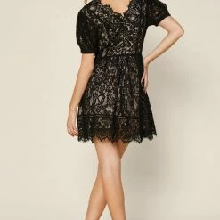 Skies Are Blue The Alva Black Short Sleeve Lace Trim Mini Dress
