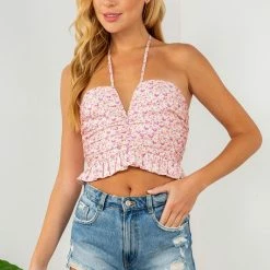 FANCO The Scarlet Pink Floral Halter Cropped Top