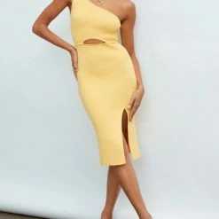 One & Only Collection The Courtney Yellow Cutout Ribbed Bodycon Dress Dresses