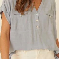 Promesa USA Tops The Margaux Powdered Blue Collared Henley Gauze Top