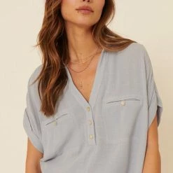 Promesa USA Tops The Margaux Powdered Blue Collared Henley Gauze Top