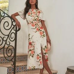 SugarLips The Sweet On You Ivory & Pink Floral Midi Dress Dresses