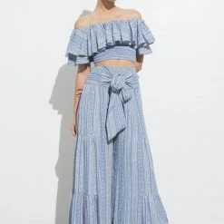 In The Beginning Clothing The Belize Blue Print Ruffled Top Tops