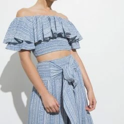 In The Beginning Clothing The Belize Blue Print Ruffled Top Tops