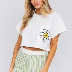 Le Lis The Smiley Daisy White Cropped Pocket Tee Tops
