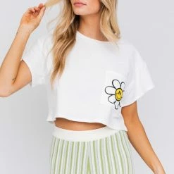Le Lis The Smiley Daisy White Cropped Pocket Tee Tops