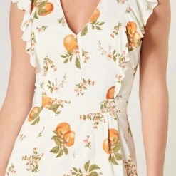 SugarLips The Arancia White & Orange Floral Print Ruffle Shoulder Romper Rompers