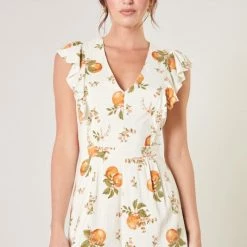 SugarLips The Arancia White & Orange Floral Print Ruffle Shoulder Romper Rompers