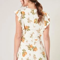 SugarLips The Arancia White & Orange Floral Print Ruffle Shoulder Romper Rompers