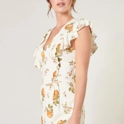 SugarLips The Arancia White & Orange Floral Print Ruffle Shoulder Romper Rompers