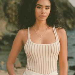 Le Lis Tops The Sienna Taupe Striped Tank Bodysuit