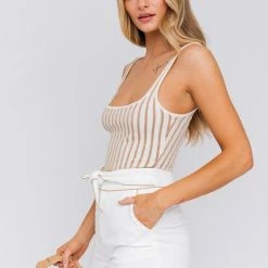Le Lis Tops The Sienna Taupe Striped Tank Bodysuit