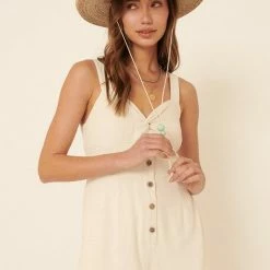 Promesa USA Rompers The Seacrest Linen Oat Woven Button Up Romper